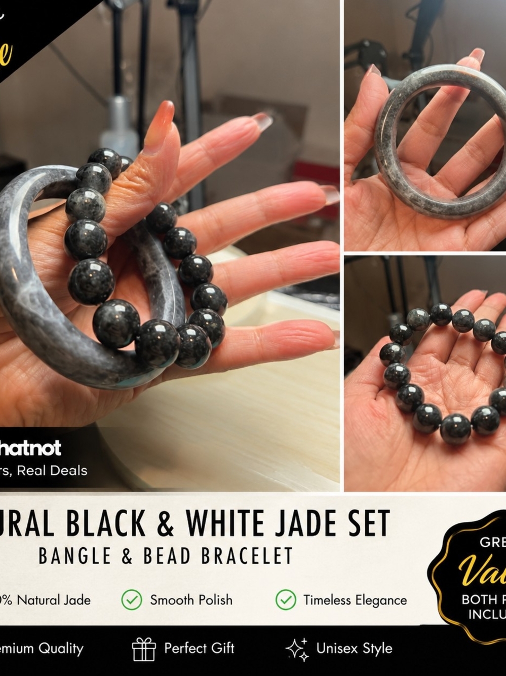 Natural Black & White Jade Bangle and Bead Bracelet Set